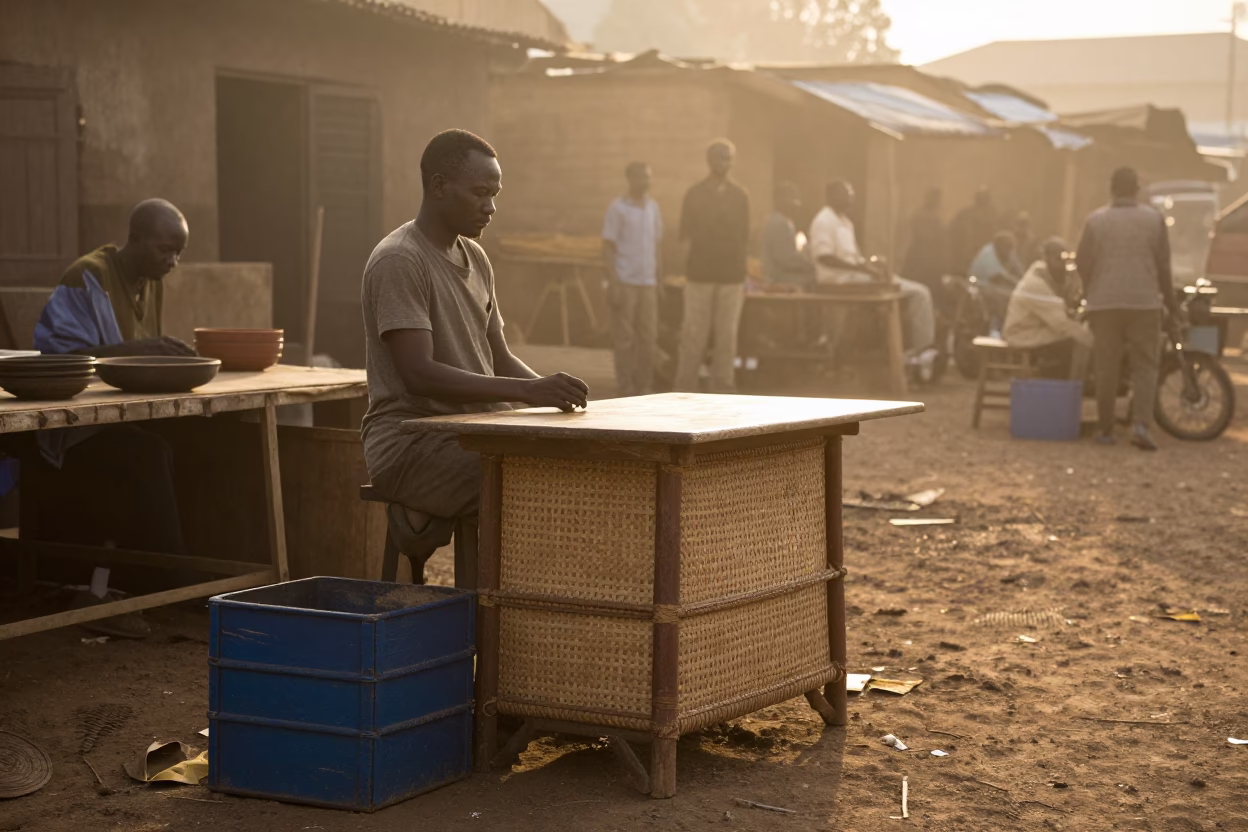 Morning Light on Woven Cane and Painted Crate in Nairobi Street Market in in Nairobi, Kenya