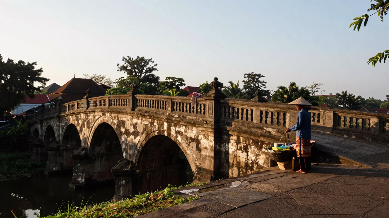 Morning Light on Yogyakarta Stone Bridge with Local Vendor and Vintage Motorcycle in in Yogyakarta, Indonesia
