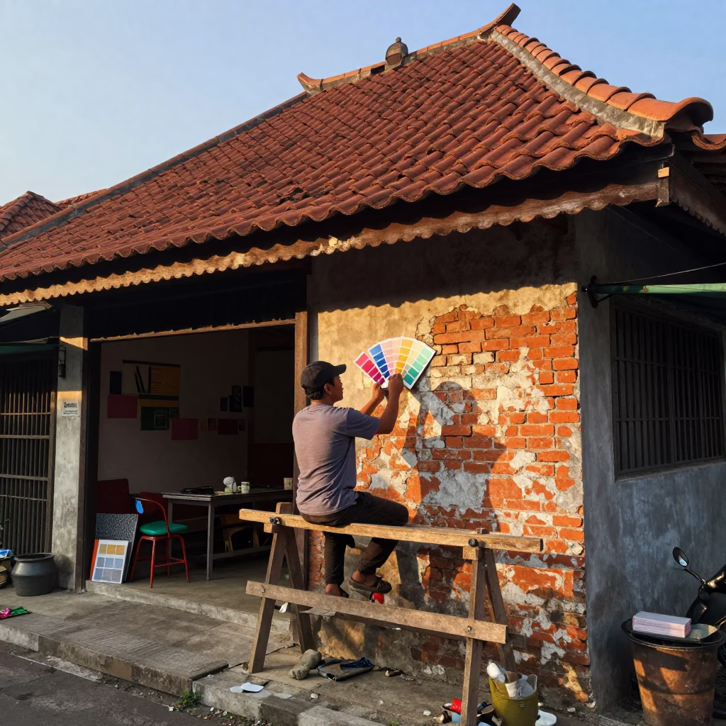 Morning Light on Yogyakarta Street Muralist Painting Sample Swatches from Scaffold in in Yogyakarta, Indonesia