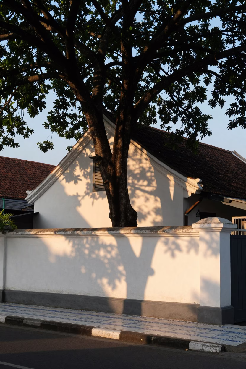 Morning Light on Yogyakarta Street with Ceramic Tiles and Dappled Shadows in in Yogyakarta, Indonesia