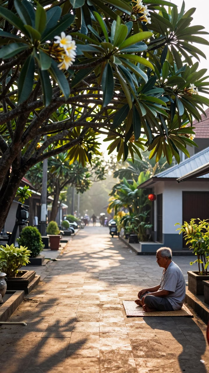 Morning Light on Yogyakarta Street with Frangipani Branch and Traditional Calligraphy Demonstration in in Yogyakarta, Indonesia