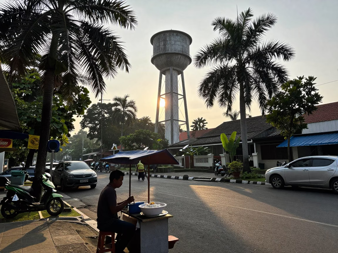 Morning light on Yogyakarta street with water tower and breakfast stall in in Yogyakarta, Indonesia