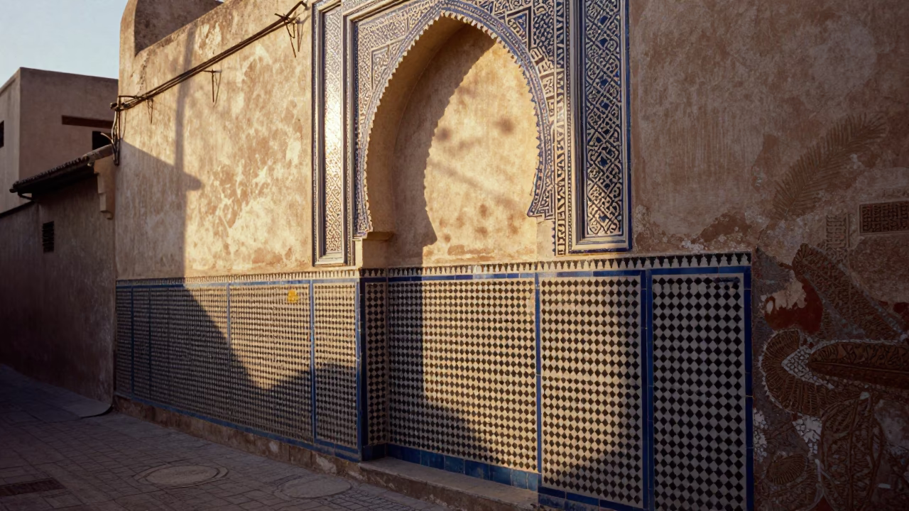 Morning Light on Zellige Tile Walls and Woven Mats in Fez Morocco in in Fez, Morocco
