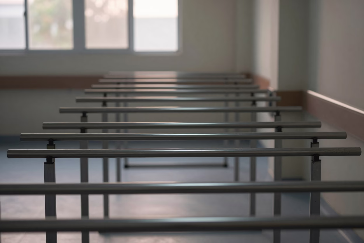 Morning Light on Parallel Bars in Chittagong Clinic in inside a clinic exam room in Chittagong