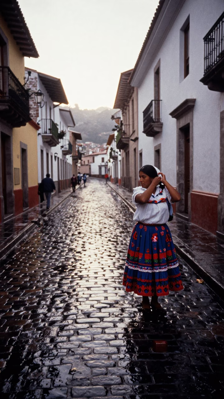 Morning Light Reflects Off Wet Cobblestone Alleyway in La Paz Bolivia in in La Paz, Bolivia