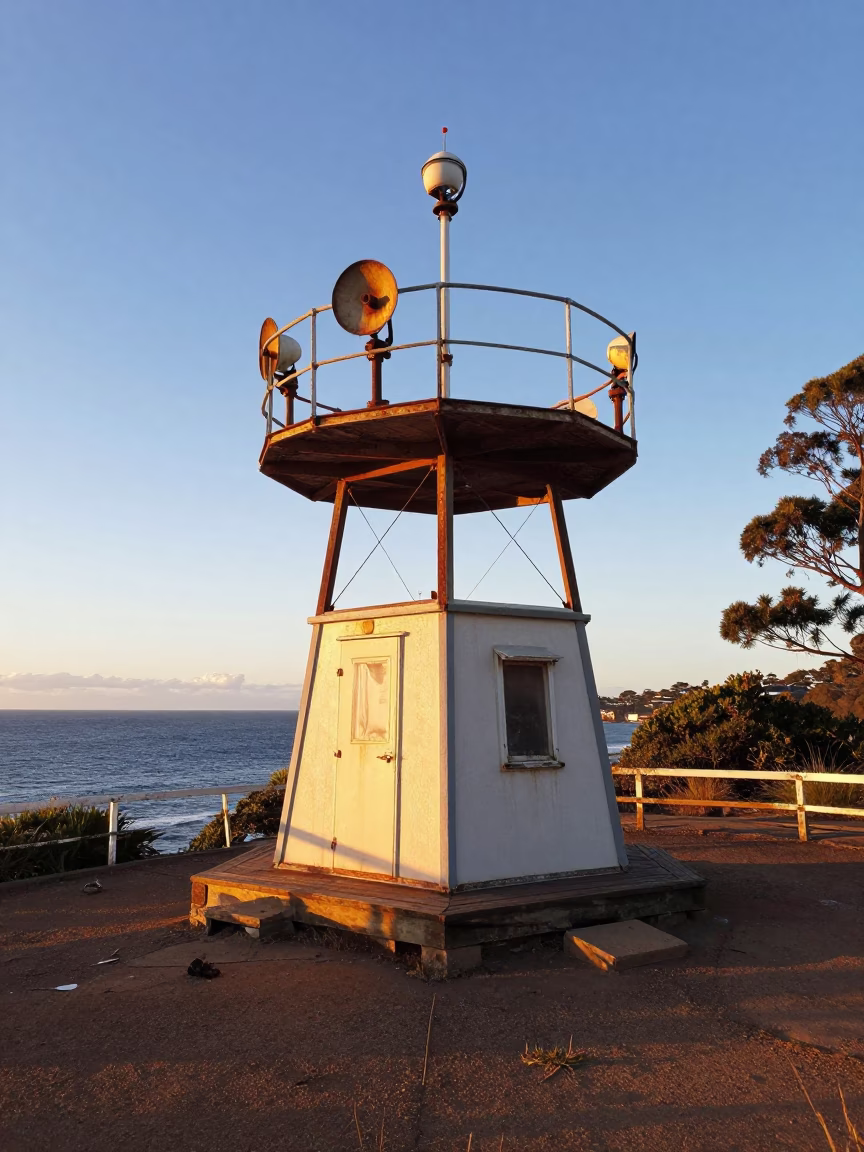 Morning Light Reveals Crumbling Weather Station Instruments Outside Sydney Coastal Heritage Site in in Sydney, New South Wales, Australia