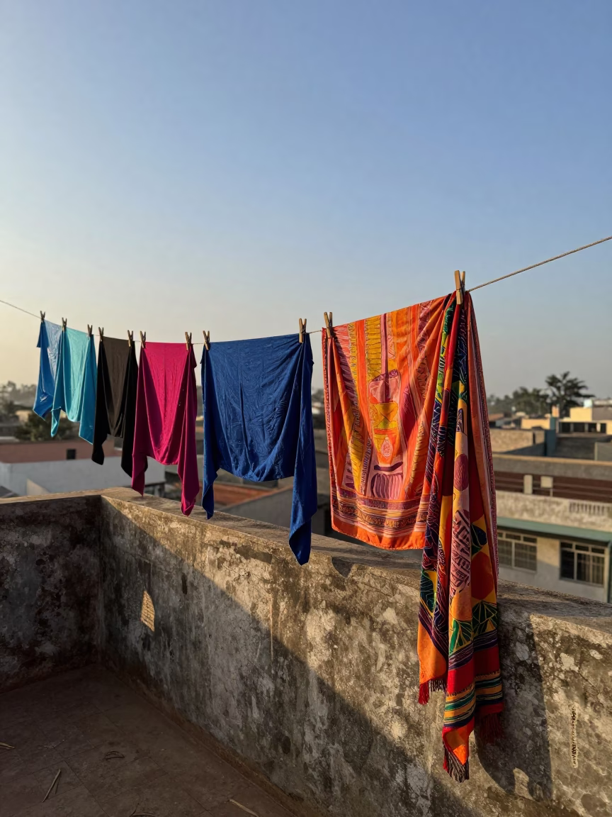 Morning Light Reveals Laundry Pins and Scarf on Dakar Balcony in in Dakar, Senegal