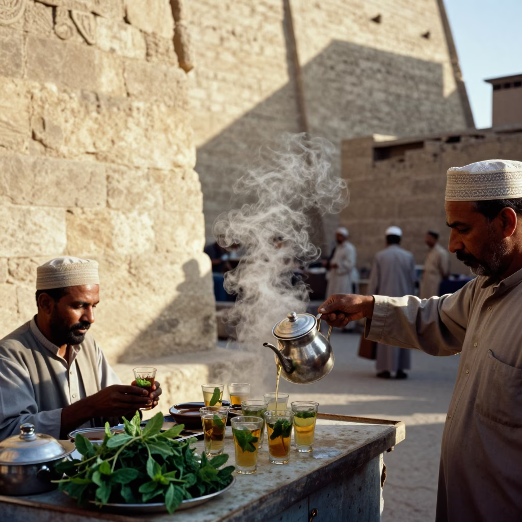 Morning Light Reveals Mint Tea and Honey Dipper at Luxor Street Stall in in Luxor, Egypt