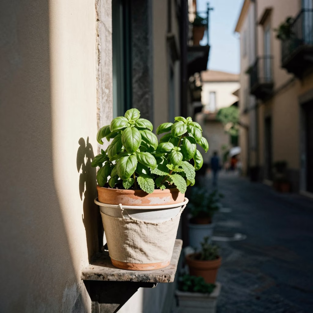 Morning light reveals potted herbs and linen bucket on Neapolitan street balcony in in Naples, Italy