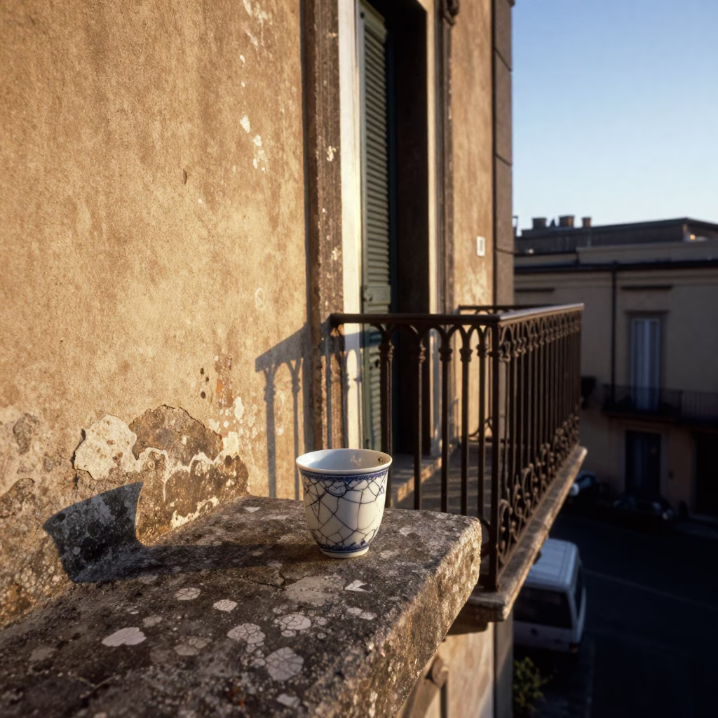 Morning Light Reveals Water Rings and Porcelain Crazing on a Naples Balcony in in Naples, Italy