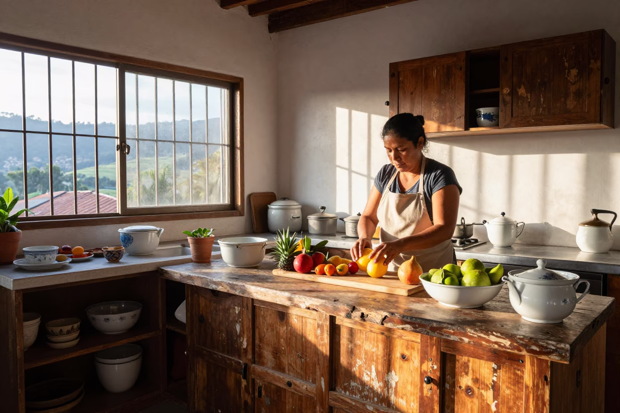 Morning Light Reveals Worn Wood And Porcelain In Medellin Kitchen in in Medellin, Colombia