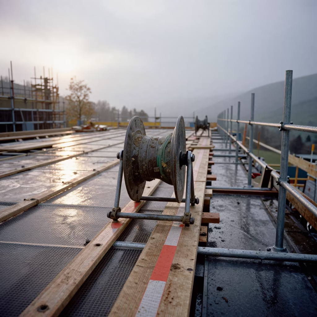 Morning Light on Roof Safety Reel Lake District in along a scaffolded facade in the Lake District