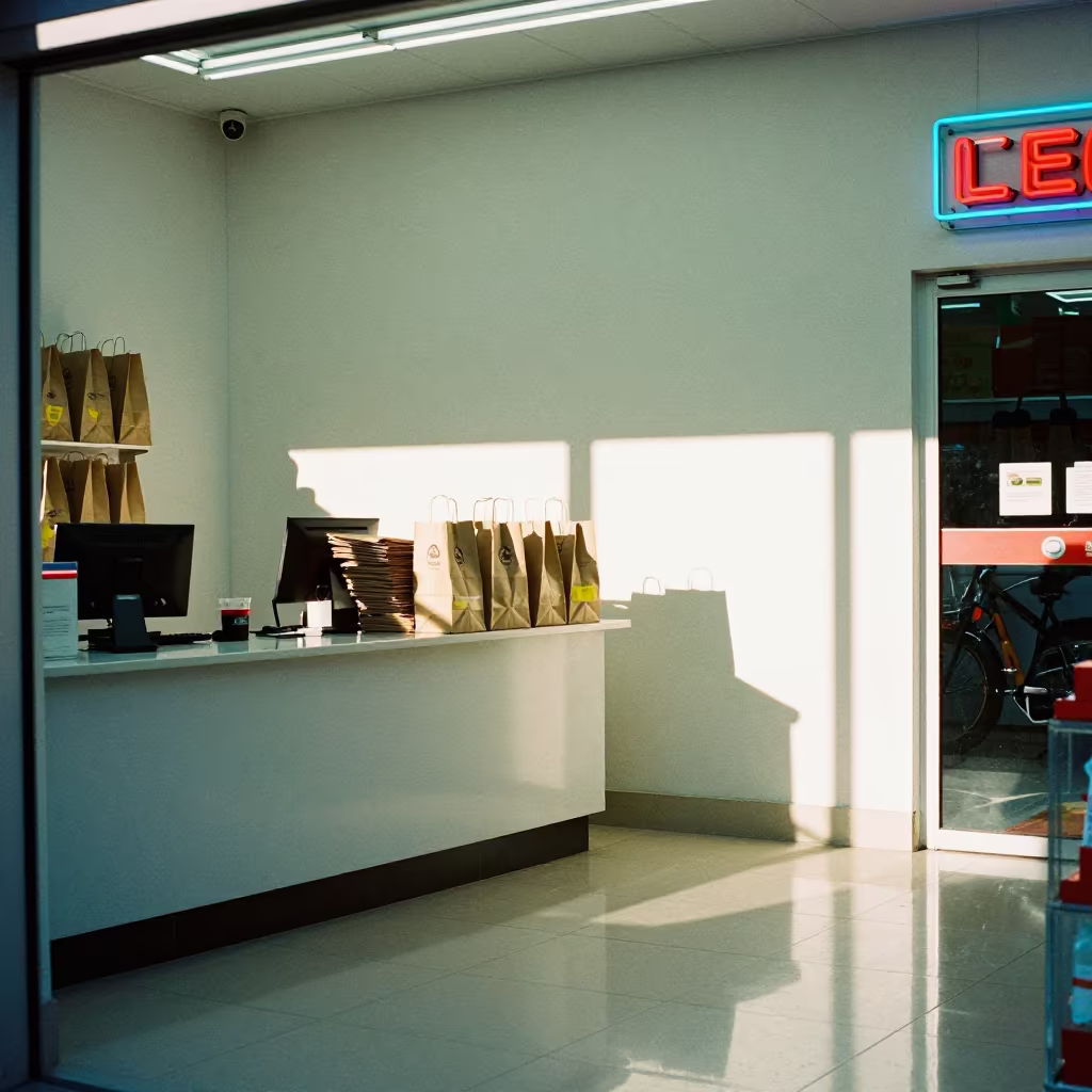 Morning Light in Santiago Convenience Store in at a cash wrap counter with bags stacked nearby near La Banda, Santiago del Estero