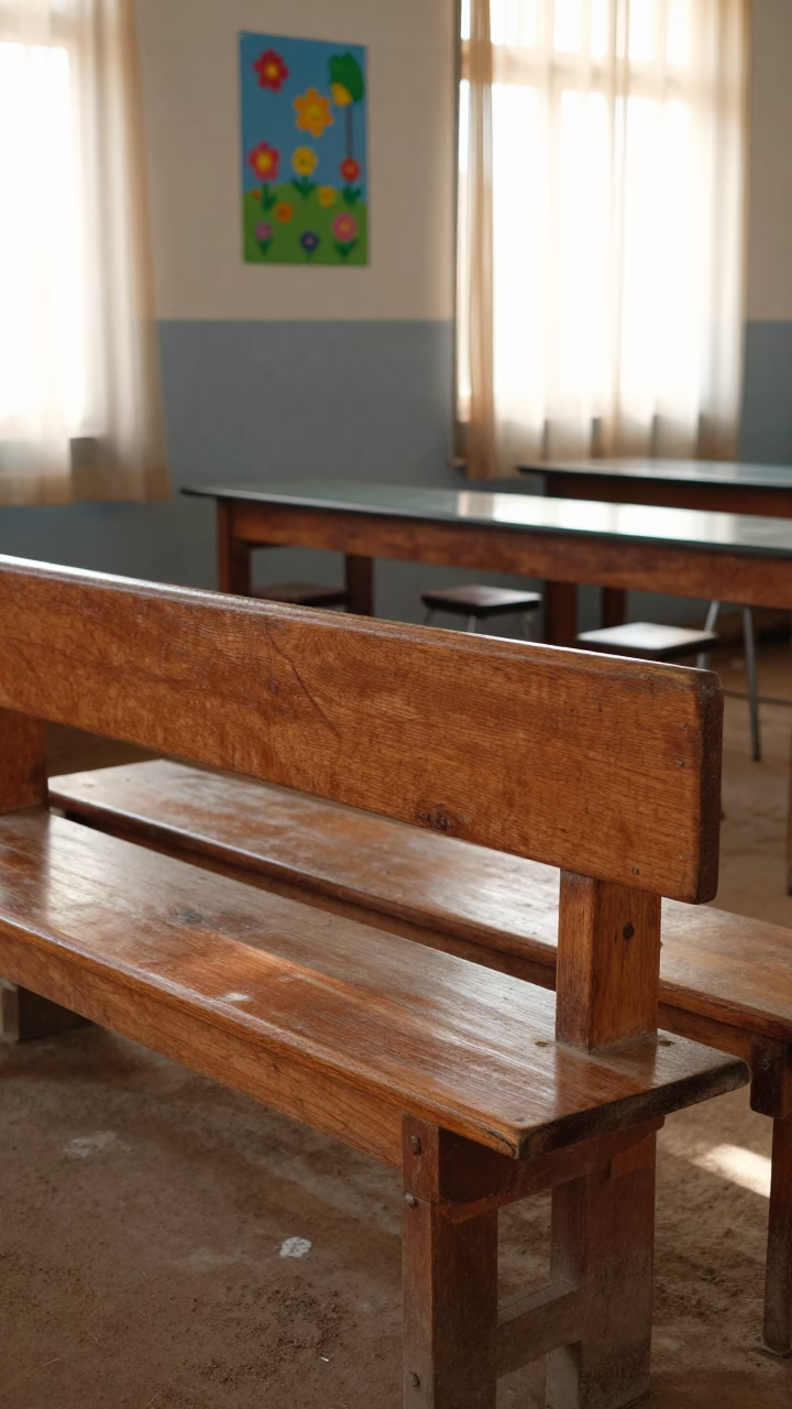 Morning Light on School Bench and Play Posters in in a school laboratory in Niamey