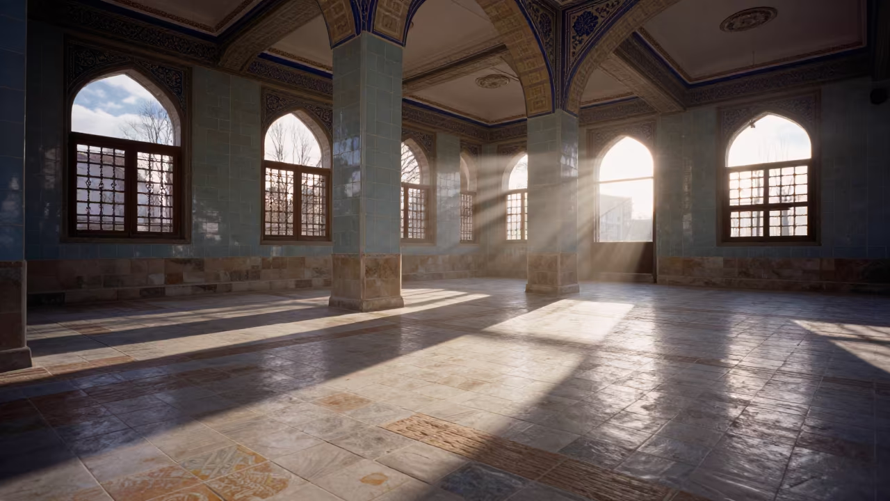 Morning Light Skims Konya Tiled Stair Hall in inside a tiled stair hall in Konya