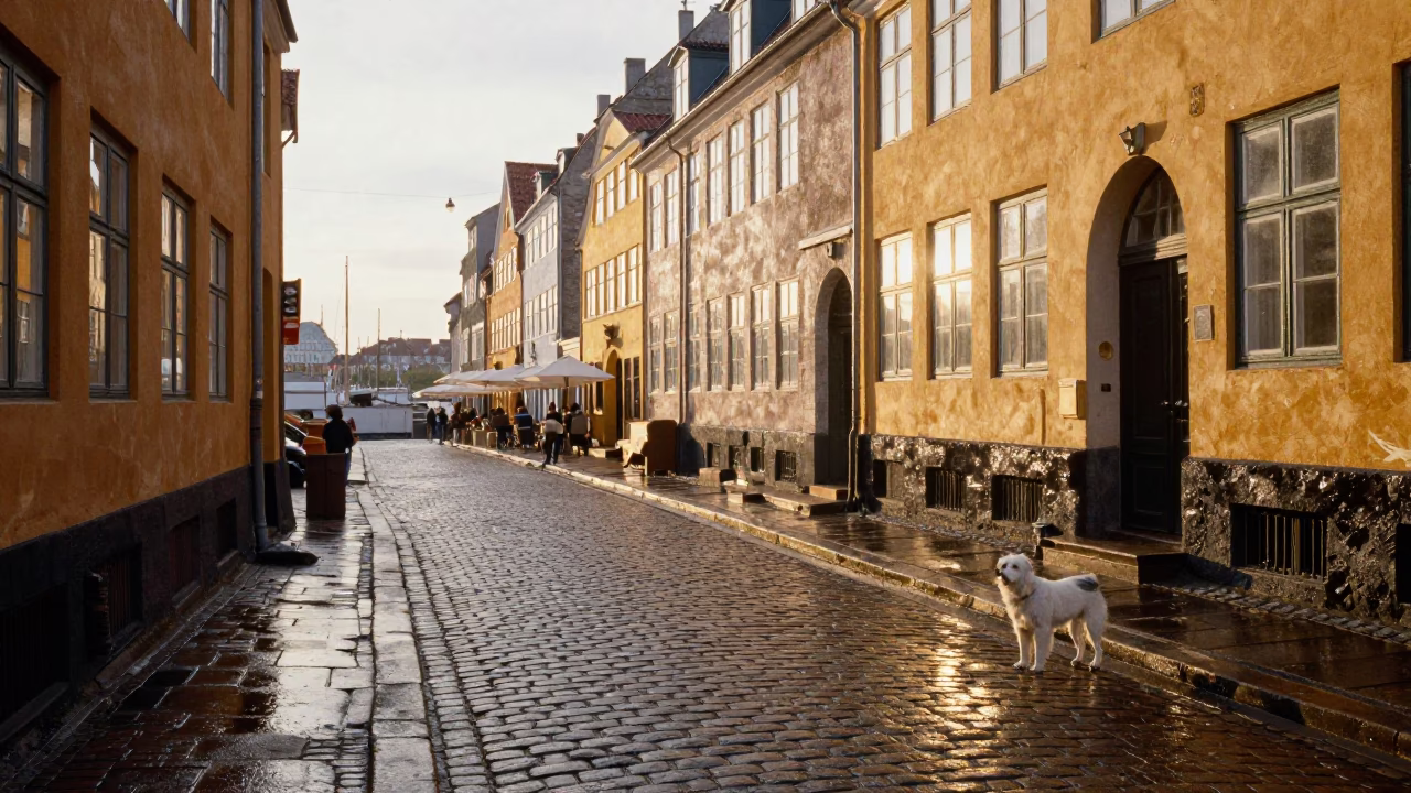 Morning light spills over cobblestone street near harbor with white dog in in Copenhagen, Denmark