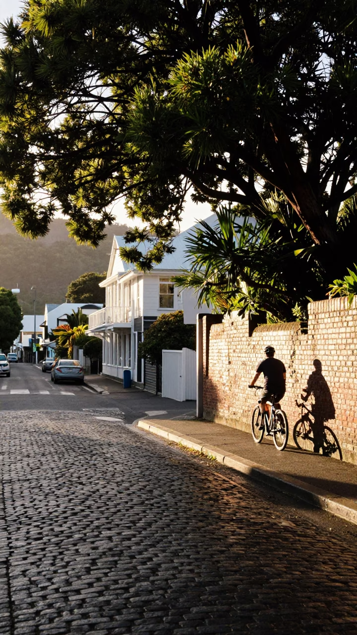 Morning light spills over cobblestone streets in Wellington New Zealand in in Wellington, New Zealand