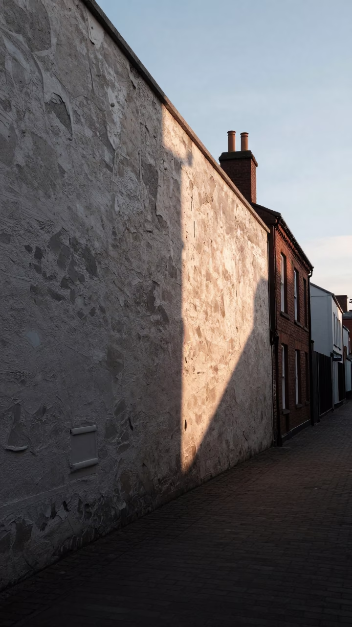 Morning Light Striking Plaster Wall in Liverpool Street Scene at Dawn in in Liverpool, United Kingdom