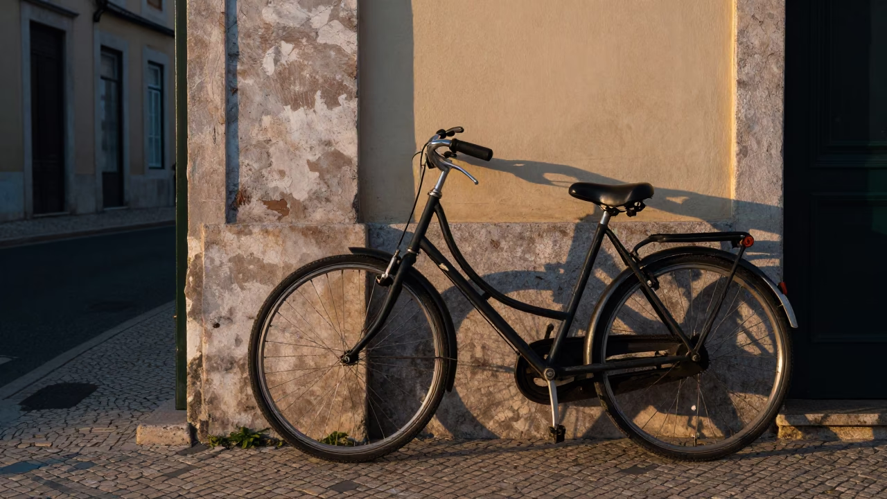 Morning Lisbon Street Scene with Bicycle and Hinge Details Before Sunrise in in Lisbon, Portugal