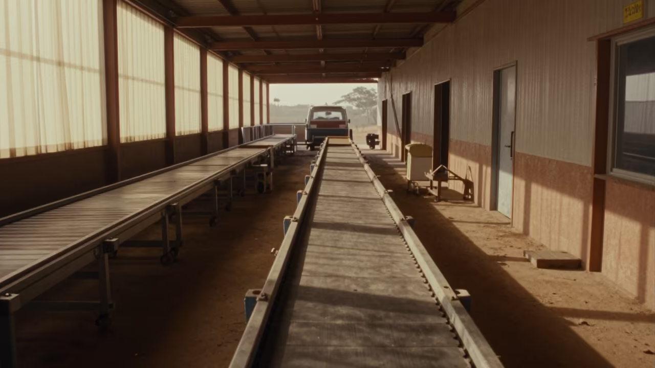 Morning logistics cart at Ngaoundéré sorting facility in at a parcel sorting belt near Ngaoundéré