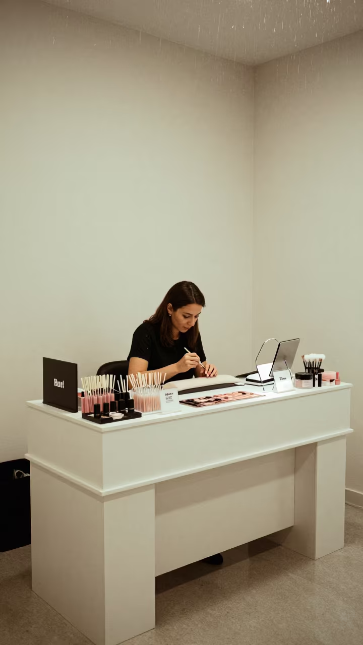 Morning Makeup Tester Station Setup in inside a nail studio in Bor