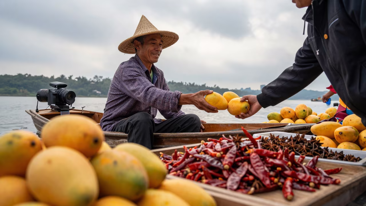 Morning Mango Exchange at Nanning Spice Market in at a spice vendor's table in Nanning