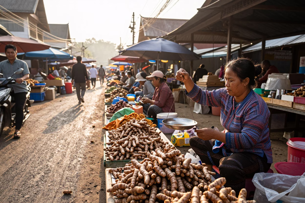 Morning Market Activity in Chiang Mai Thailand with Turmeric Roots and Local Vendors in in Chiang Mai, Thailand
