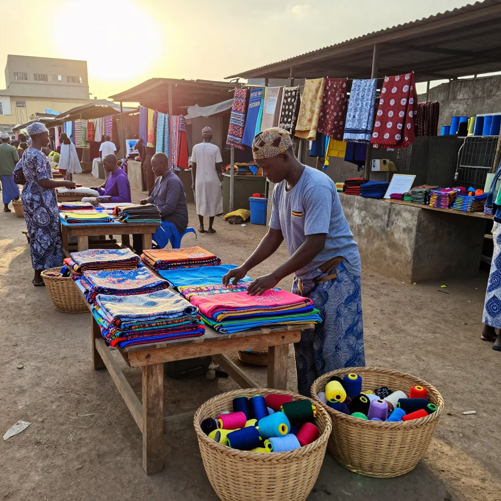 Morning Market Activity in Dakar Senegal with Sewing Baskets and Thread Spools in in Dakar, Senegal