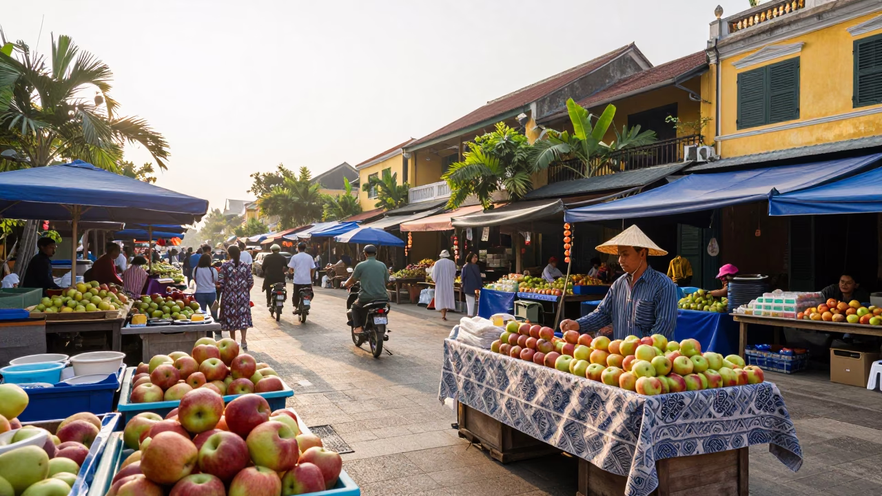 Morning Market Activity in Hoi An Vietnam with Apples and Tablecloth in in Hoi An, Vietnam