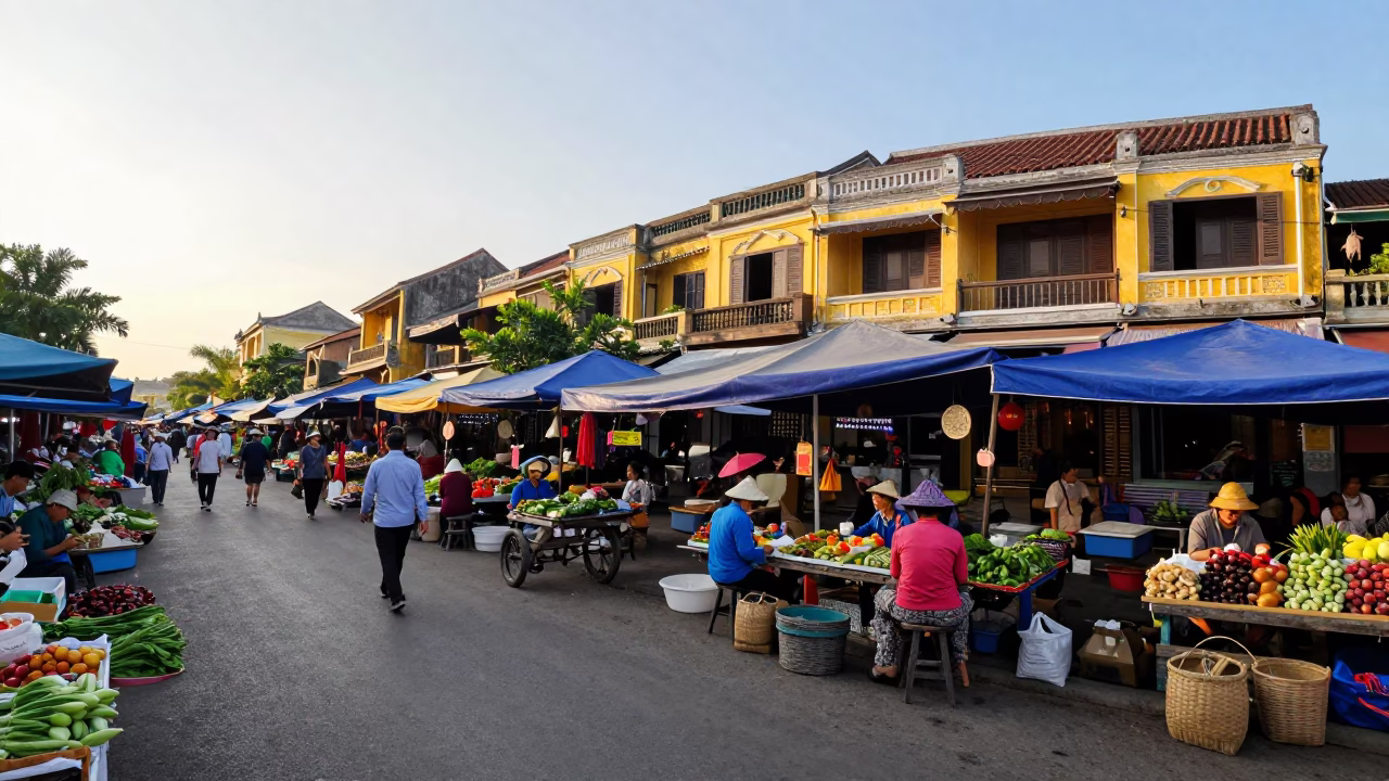 Morning Market Activity in Hoi An Vietnam with Sunlight and Local Commerce in in Hoi An, Vietnam
