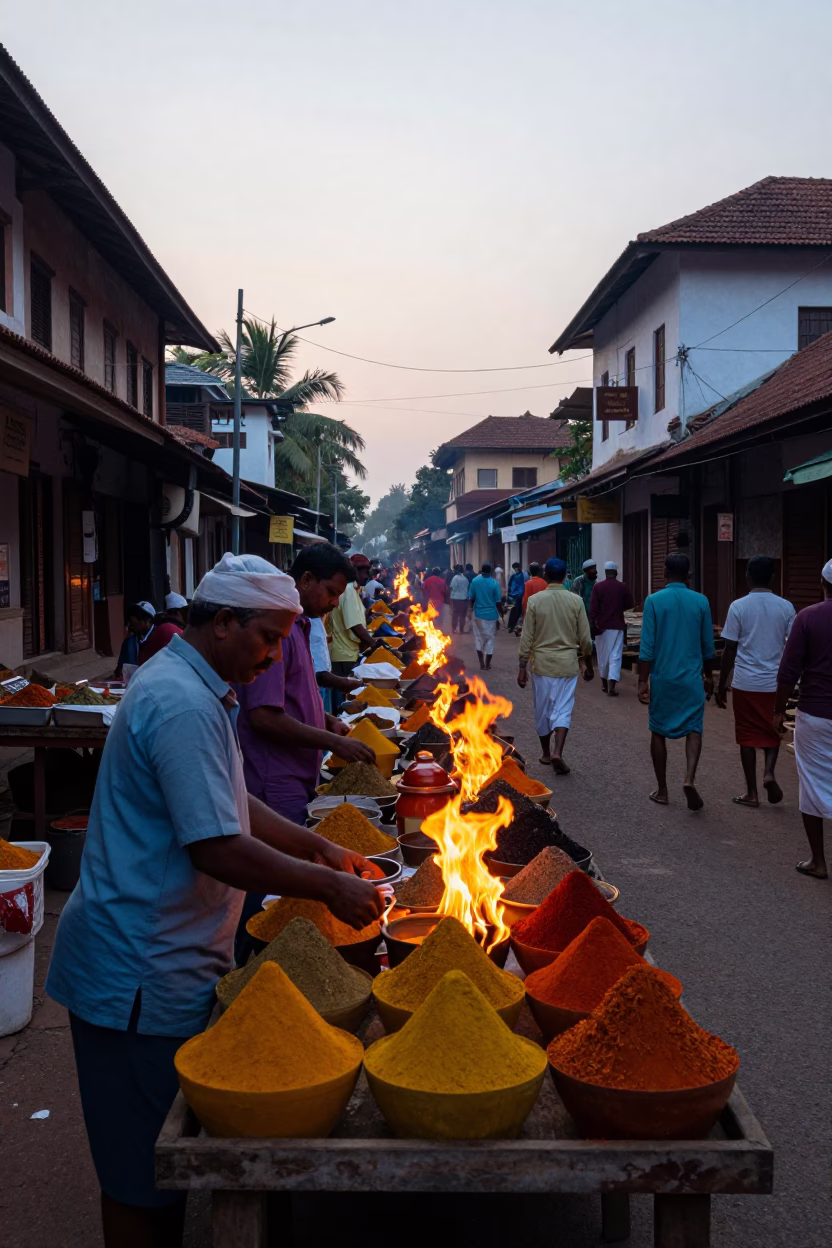 Morning Market Activity in Kochi India with Spice Jars and Fire Engine in in Kochi, India