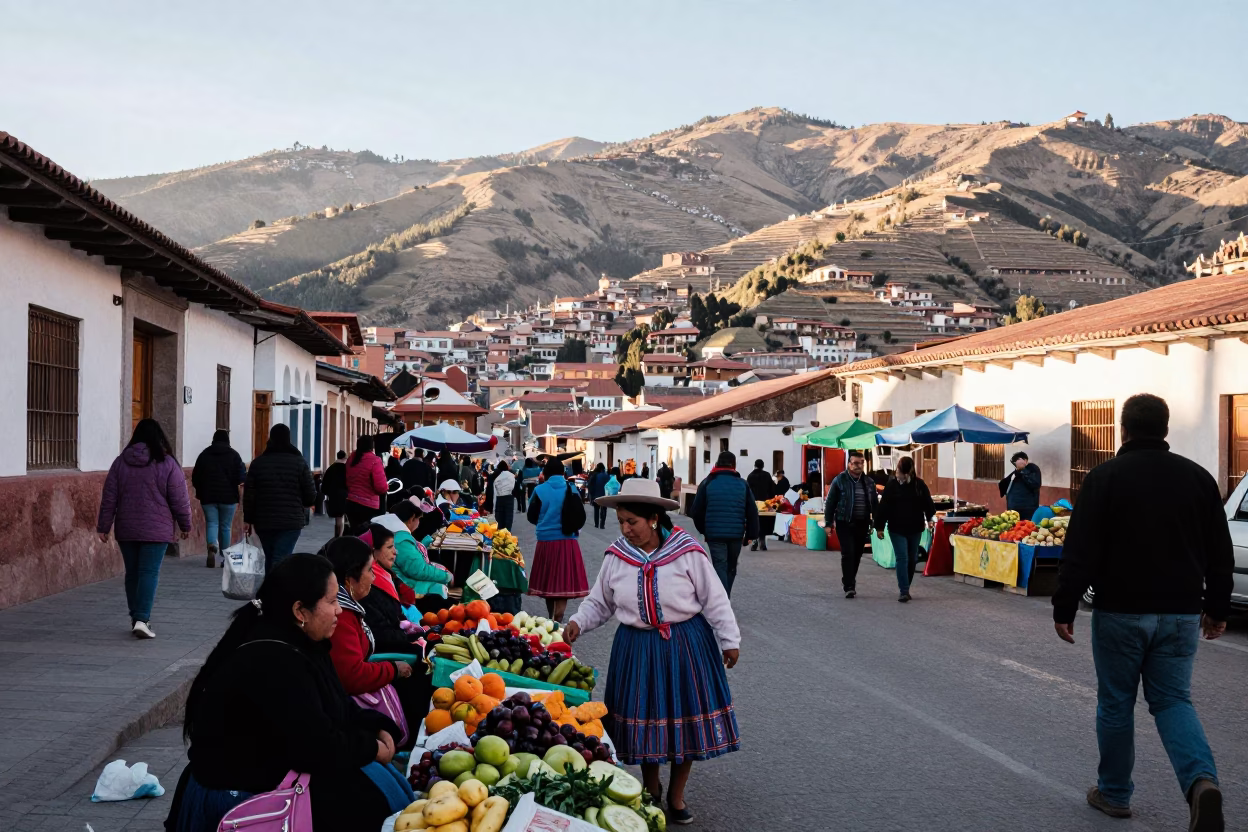 Morning Market Activity in La Paz Bolivia with Local Stalls and Commuters in in La Paz, Bolivia