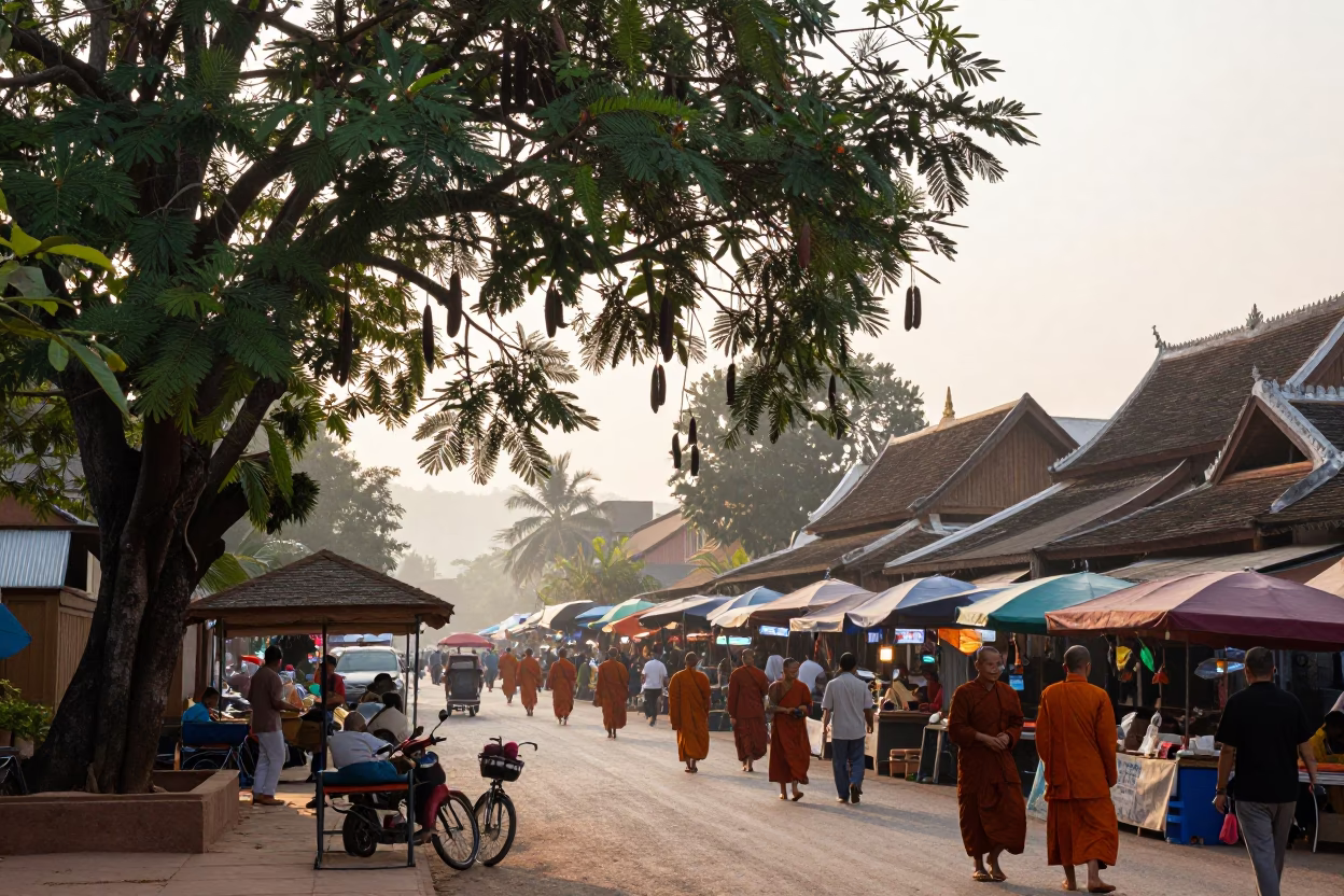 Morning Market Activity in Luang Prabang Laos at Dawn with Monks and Tamarind Trees in in Luang Prabang, Laos