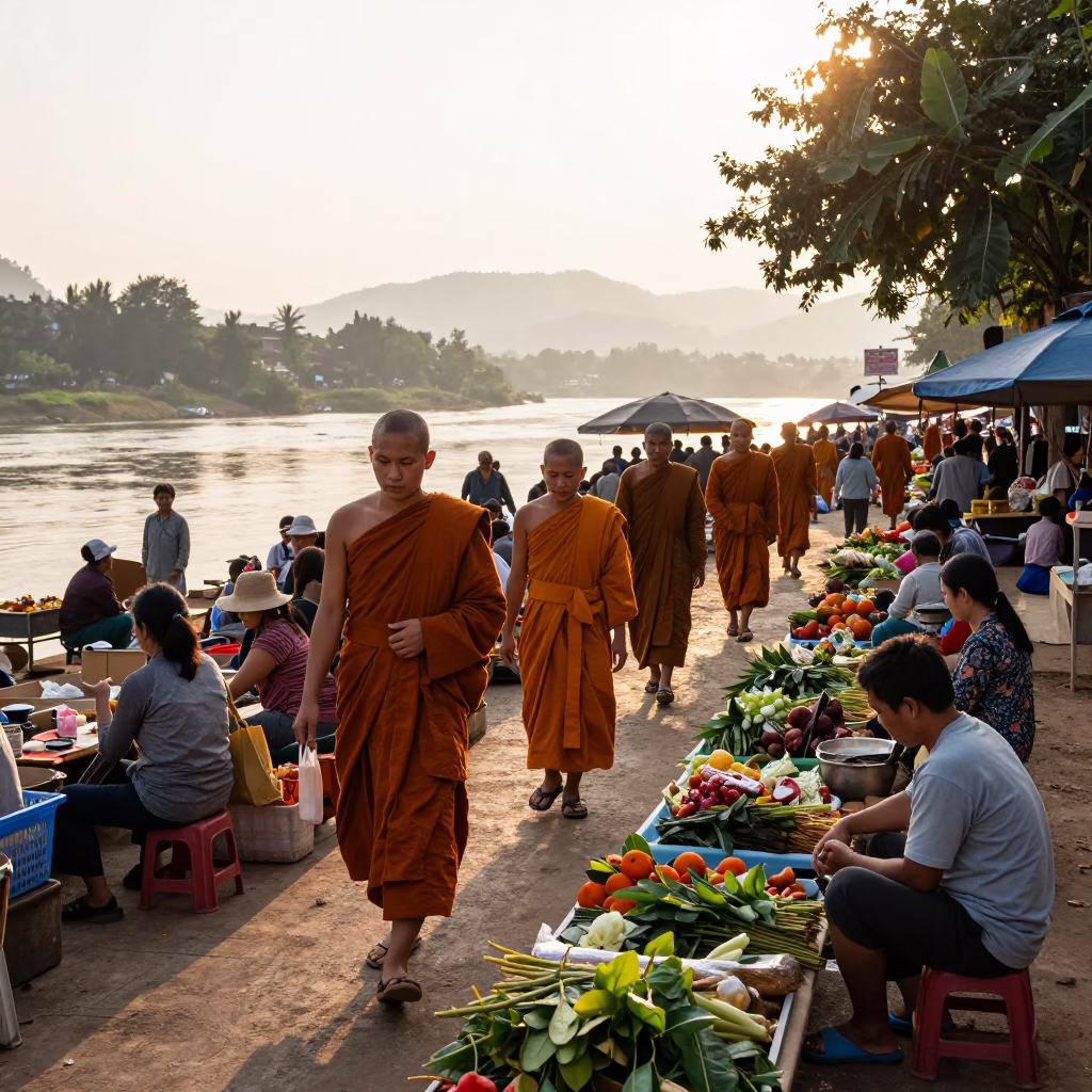 Morning Market Activity in Luang Prabang Laos with Monks and Local Goods in in Luang Prabang, Laos