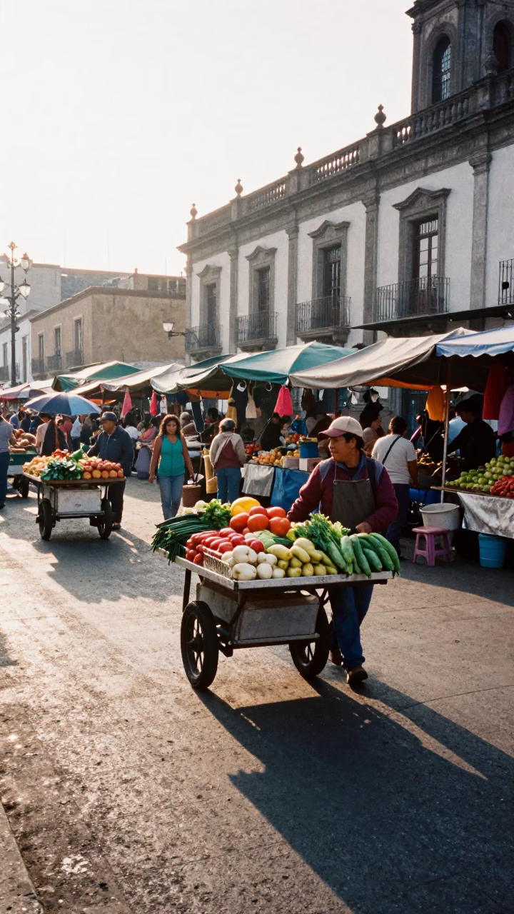 Morning Market Activity in Mexico City with Rolling Carts and Local Commerce in in Mexico City, Mexico