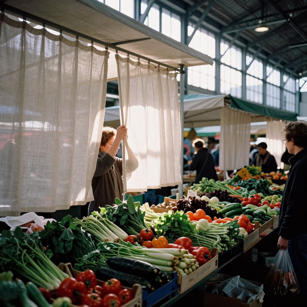 Morning Market Chaos in Brussels Belgium with Linen Curtains and Fresh Produce in in Brussels, Belgium