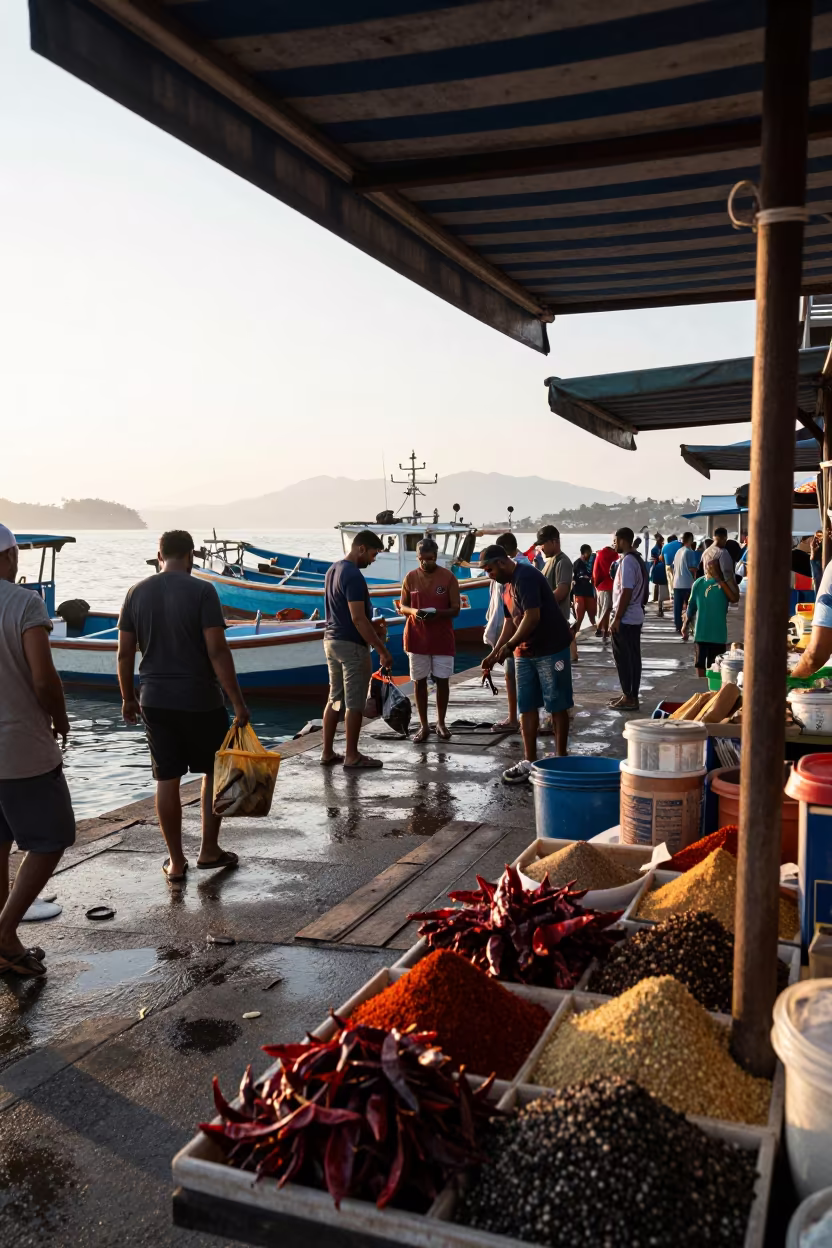 Morning Market Dock Unloading Fish in Vitarte in at a spice vendor's table in Vitarte