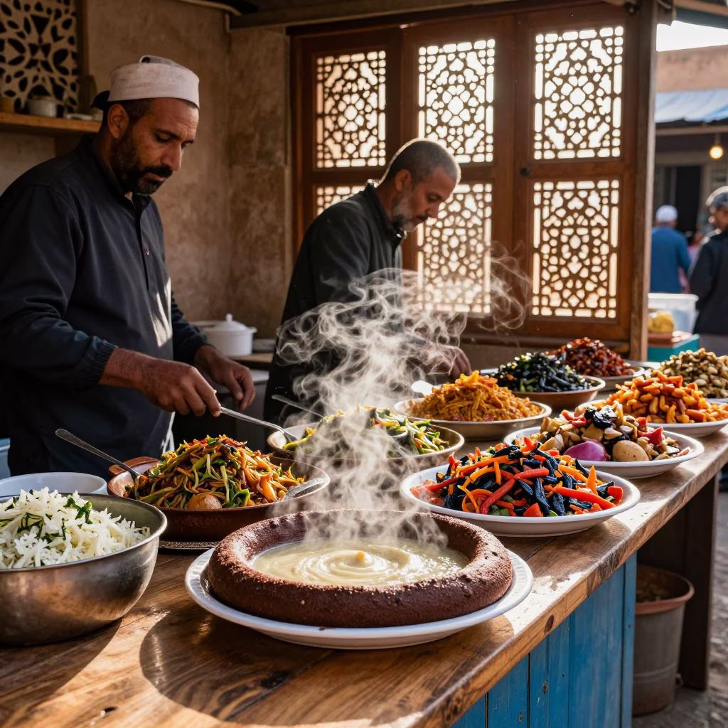 Morning Market in Fez Morocco with Fresh Injera and Colorful Stews in in Fez, Morocco