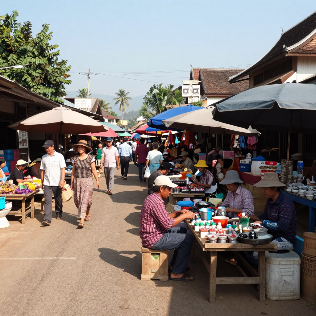 Morning Market in Luang Prabang at The Flat Glare Of Noon Light in in Luang Prabang, Laos