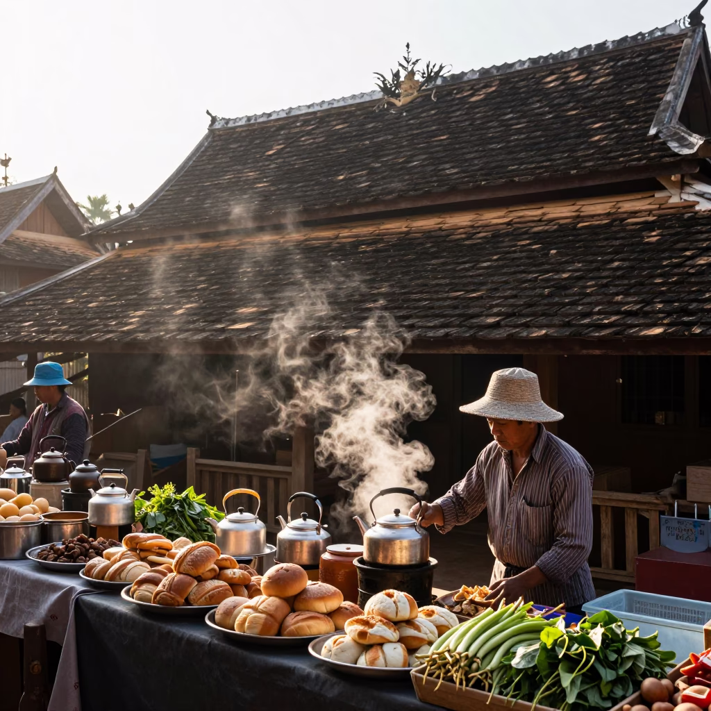 Morning Market Life in Luang Prabang Laos with Bread and Kettle Details in in Luang Prabang, Laos