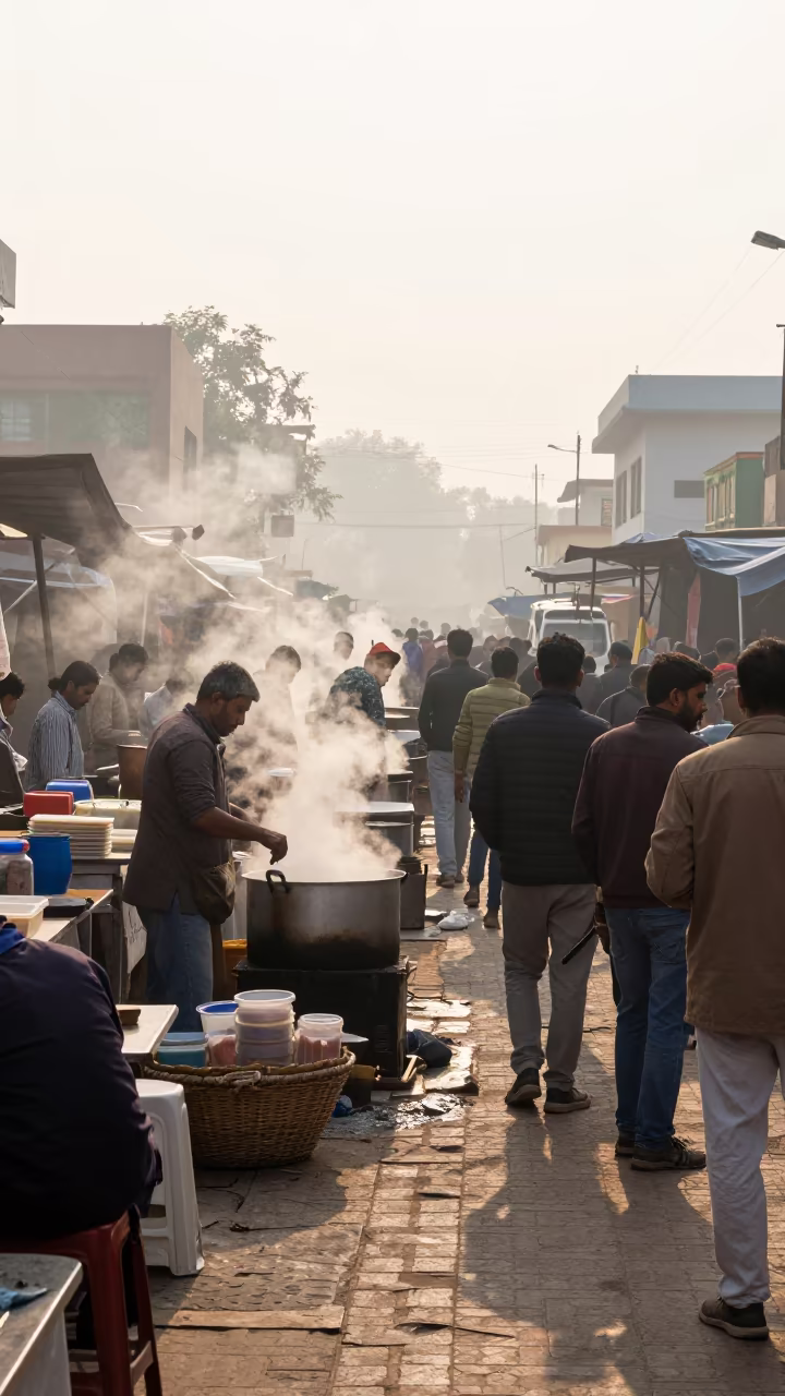 Morning Market Noodle Vendor Steam in Gurgaon in in a flea market lane in Gurgaon
