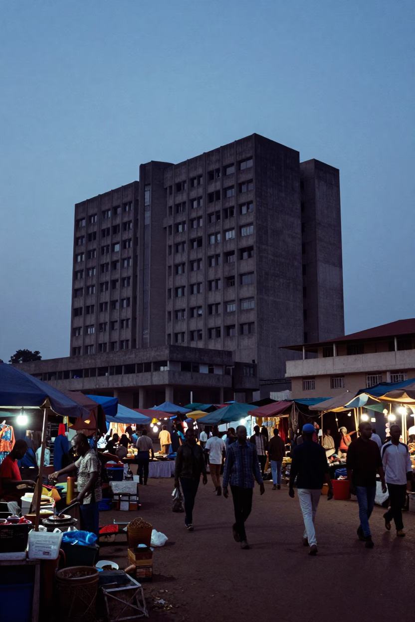 Morning Market Scene in Accra Ghana Before Dawn with Concrete Building and Folding Stools in in Accra, Ghana