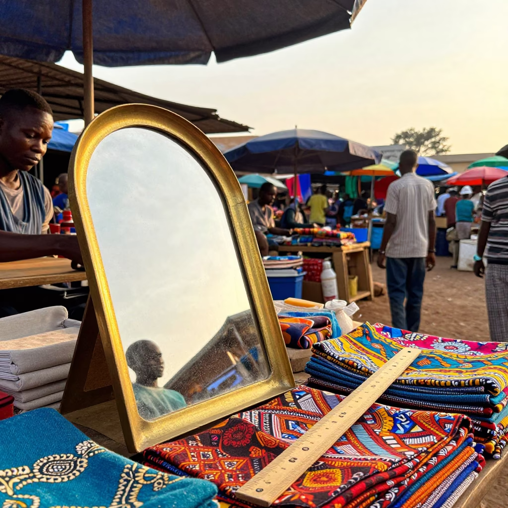 Morning Market Scene in Accra Ghana with Brass Mirror and Wooden Ruler in in Accra, Ghana