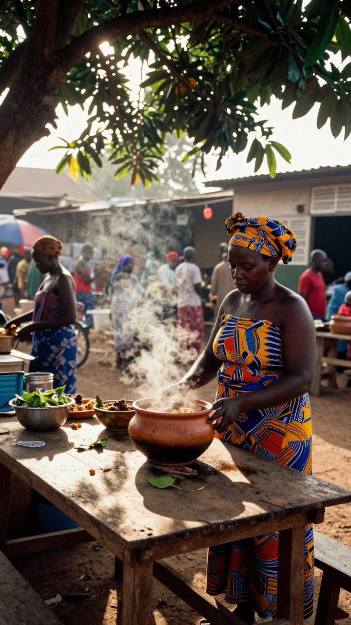Morning Market Scene in Accra Ghana with Calulu Stew and Leaf Shadows in in Accra, Ghana
