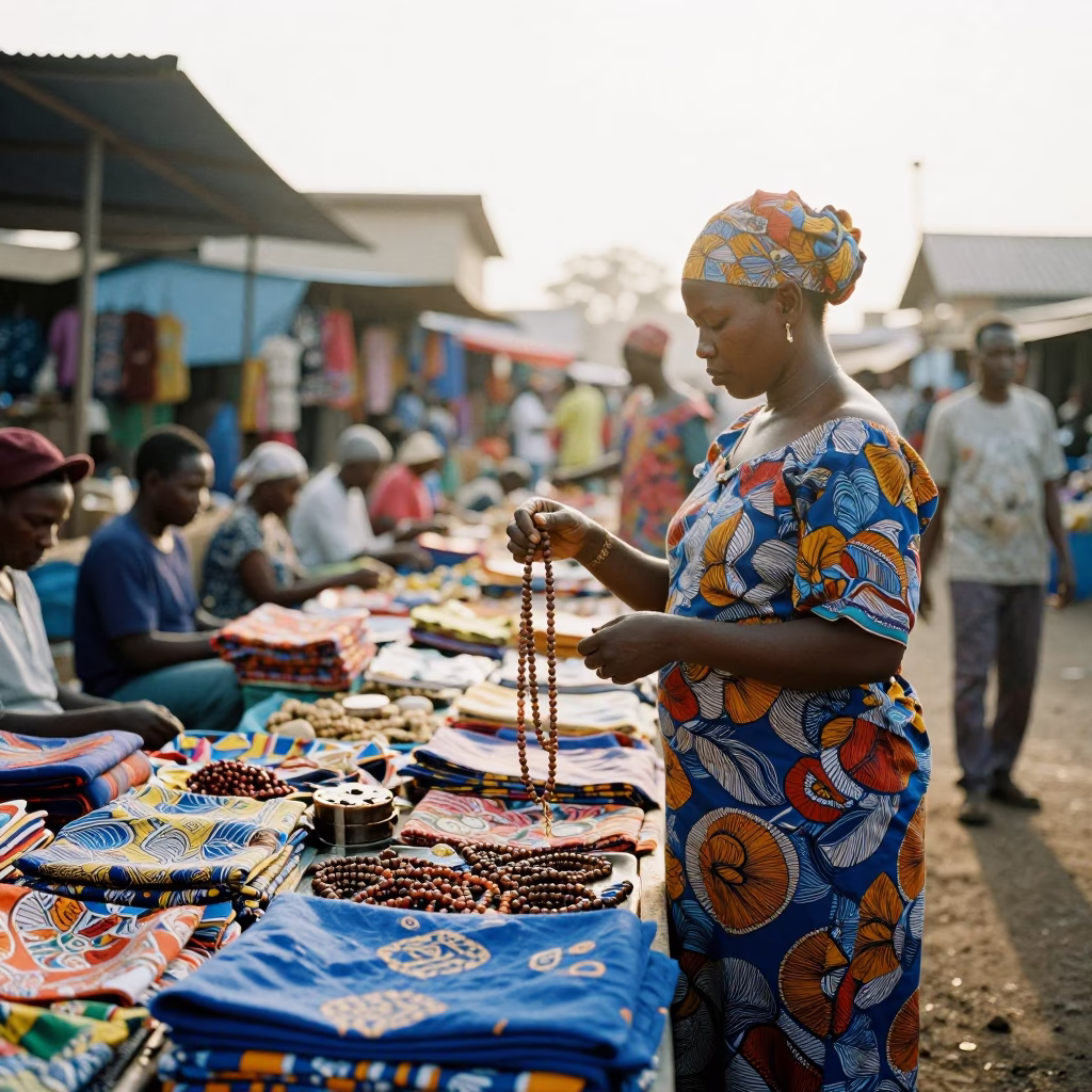 Morning Market Scene in Accra Ghana with Prayer Beads and Blue Porcelain in in Accra, Ghana