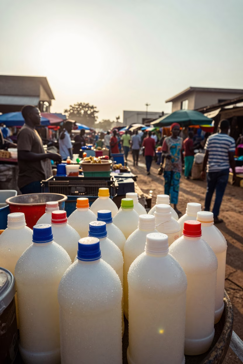 Morning Market Scene in Accra Ghana with Soap Bottles and Condensation in in Accra, Ghana