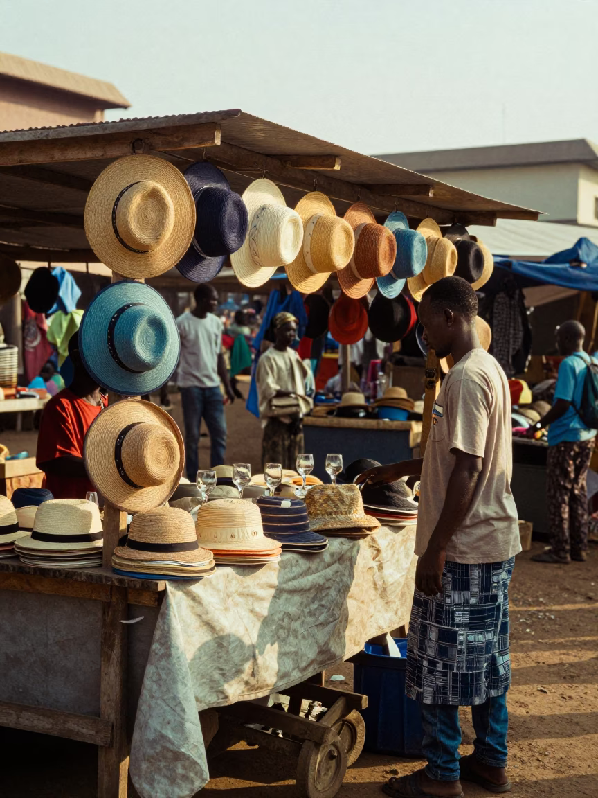 Morning Market Scene in Accra Ghana with Sun Hats and Glass Tiles in in Accra, Ghana