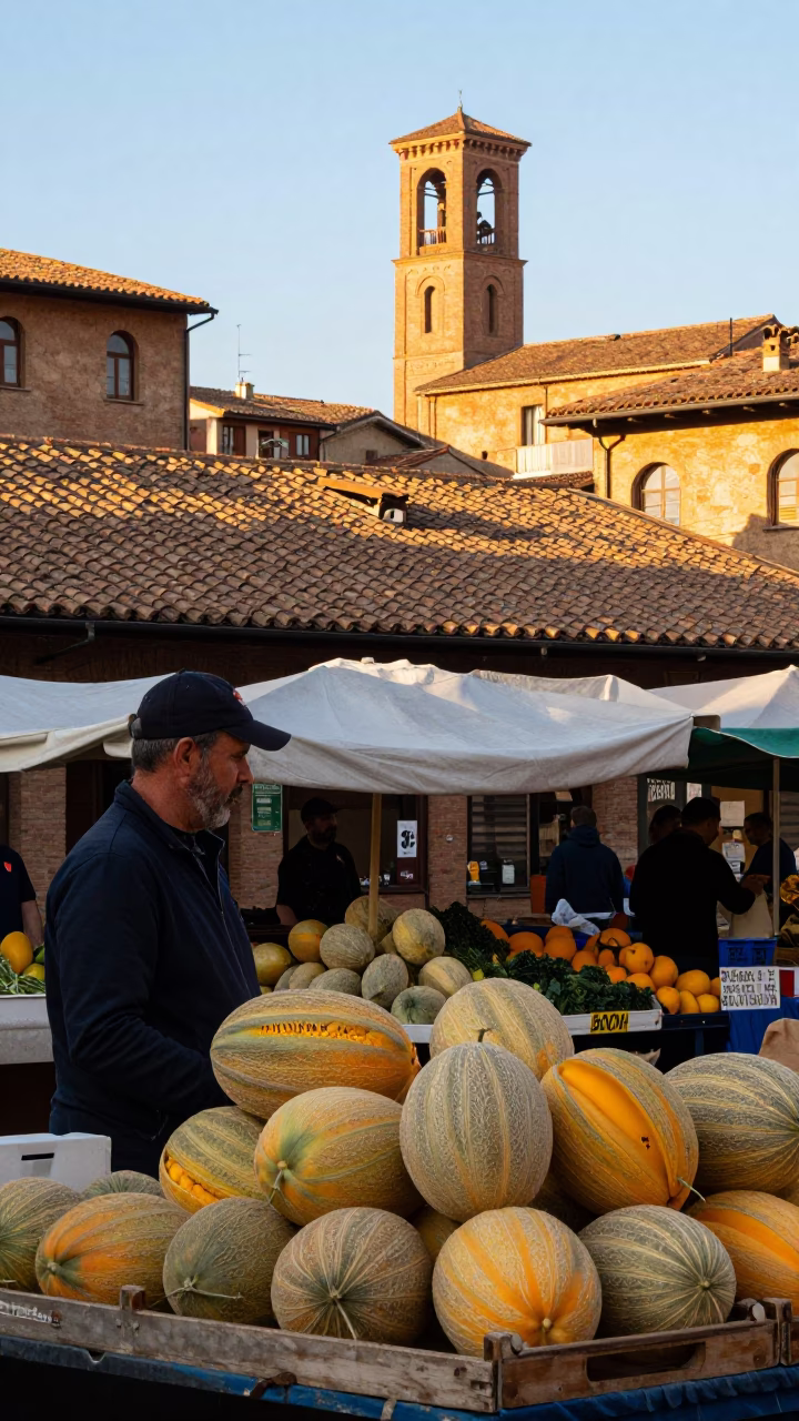 Morning Market Scene in Bologna Italy with Melons and Local Life in in Bologna, Italy