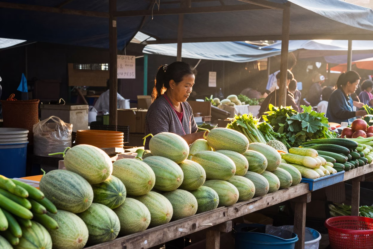 Morning market scene in Chiang Mai Thailand with fresh produce and local vendors in in Chiang Mai, Thailand
