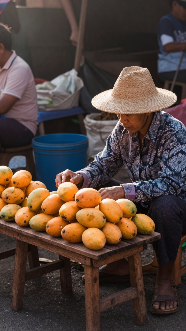 Morning Market Scene in Chiang Mai Thailand with Local Vendor and Stool in in Chiang Mai, Thailand